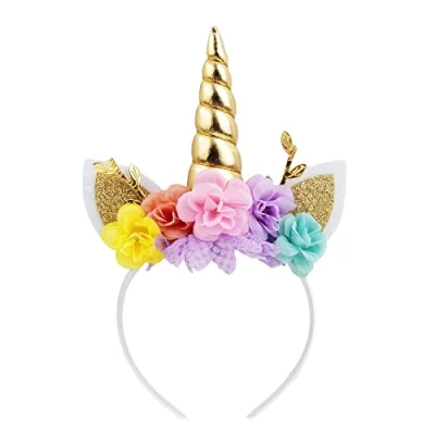 Afbeelding van Nishine Eenhoorn bloemenhoofd met glinsterende oren, ponykop tiara, meisjes, verjaardagsfeest, papier (goud en roze)