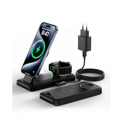 Afbeelding van 3 in 1 opvouwbare Mag Safe oplader, inductief laadstation voor iPhone 15, 14, 13, 12, 11 Pro Max Plus en Apple Watch 9/8/7/6/5/4/3/2/SE, AirPods 2 Travel draadloze oplader met adapter