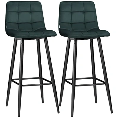 Afbeelding van HOMCOM Set van 2 barkrukken, bistrokruk met voetensteun, barstoel, fluwelen overtrek, keukenstoel, barkrukset stalen poten voor woonkamer, eetkamer, groen, 42 x 47 105 cm