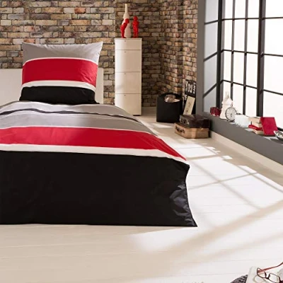 Afbeelding van Beautissu dekbedovertrek tweepersoons Renforcé katoen beddengoed grijs rood gestreept 2 stuks dekbedovertrekken 155x220 cm &amp; kussensloop 80x80 Delia