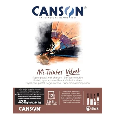 Afbeelding van CANSON Mi Teintes Velvet, pastelpapier, fluweelachtig oppervlak, 430 g/m², blok aan de korte zijde, 32 x 41 cm, zwart, 12 vellen