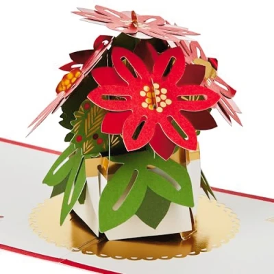 Afbeelding van Hallmark kerstkaart, 3D en pop up Poinsetta bloemen, rode kerstbladeren, rood, goud