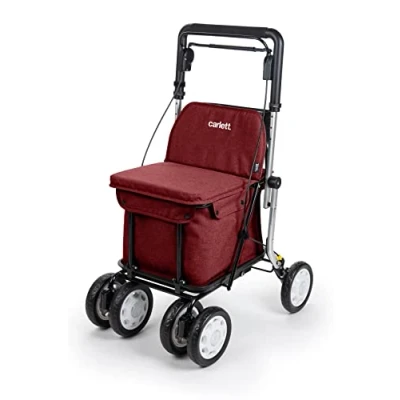 Afbeelding van Carlett Boodschappentrolley rollator met zitje, Gehomologeerd medisch hulpmiddel van klasse I, plooibare trolley 4 wielen, afneembare tas 36 l/15 kg en lade voor persoonlijke voorwerpen, rood