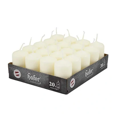 Afbeelding van Hofer Ivoor stompkaarsen set van 20 ongeparfumeerde kleine kaarsen in bulk 4 x 7 cm 11 uur lang brandende decoratieve druppelloze wax rookloze lont RAL kwaliteit Made Austria