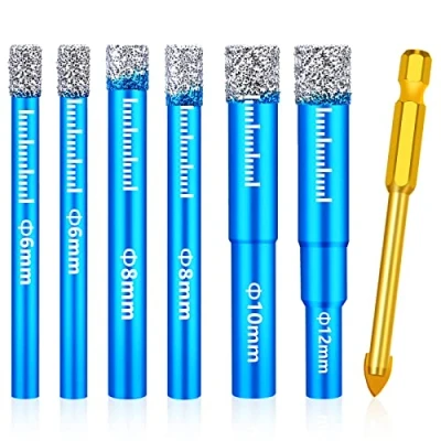 Afbeelding van 7 stuks tegelboorset 6 mm/8 mm/10 mm/12 mm harde tegels, diamantboor en carbide aanboor, metalen boorset voor glas, porselein, keramiek, graniet