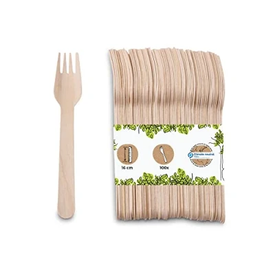 Afbeelding van BIOZOYG 100 wegwerp vorken gemaakt van hout bestek partij servies biologisch afbreekbaar, composteerbare houten 16,5 cm