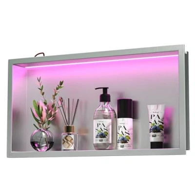 Afbeelding van Bernkot wandnis douche roestvrij staal met RGB LED, badkamernis douchenis betegelbaar afstandsbediening 60cmx30cm, zilver