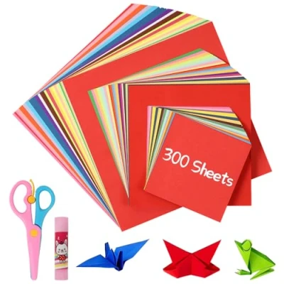 Afbeelding van Gucass Origami papier, 300 vellen, 20 x 20, 15 en 10 vouwpapier in kleuren, kleurrijk dubbelzijdig vierkant, gekleurd 70 g/m², knutselpapier voor kinderen volwassenen,
