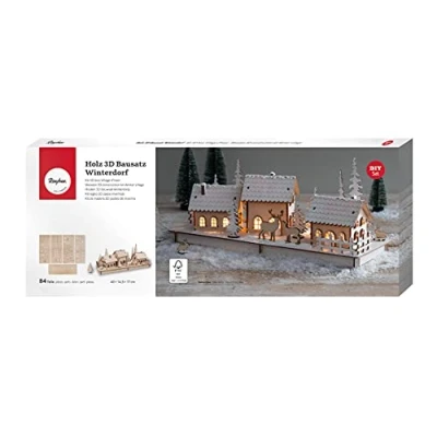 Afbeelding van Rayher Wood 3D bouwpakket winterdorp x3, FSCMixCred, natuur, 40x14,5x17cm, 84 delig, box 1Set, 63158505, 40
