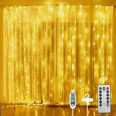Afbeelding van AOMIG Gordijnverlichting, 3 x m 300 leds kerstverlichting, 8 modi lichtslinger Led met USB voeding, lichtsnoer voor feest, bruiloft, kamer, decoratie, Kerstmis (warm wit)