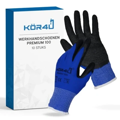 Afbeelding van kör4u 10 paar werkhandschoenen, ademend en gecoat, geschikt als beschermende handschoenen, goede grip, met hoogwaardige latexcoating, zeer elastisch