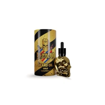Afbeelding van Bandido baardolie voor de dagelijkse baardverzorging van 3 dagen baard of volle baard, als cadeau mannen, 40 ml, met pipetdispenser, doodskopdesign, barber shop baardserum (goud)