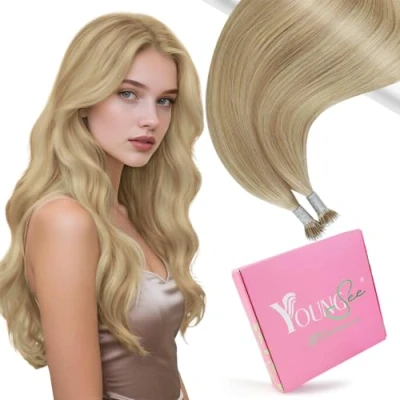 Afbeelding van YoungSee nanoring Extensions van echt haar, blond, extensions, goudblond, highlights, middenblond, nano ring, haarextensies, kralen, glad, 35 cm, 50 g,