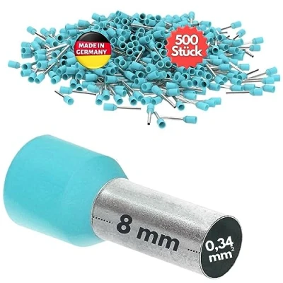 Afbeelding van 500 stuks Kalitec AE03408TK adereindhulzen geïsoleerd 0,34 mm² 8 mm lang turkoois I Made in Germany Industriële kwaliteit