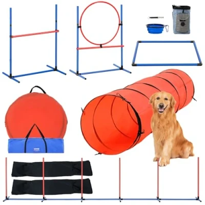 Afbeelding van VEVOR Agility trainingsuitrusting voor honden, 5 delige set, hindernisweg puppy&#039;s, horden in hoogte verstelbaar, 6 stangen, tunnel, springring, pauzendoos, fluitje