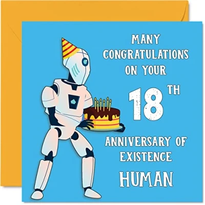 Afbeelding van Grappige 18e verjaardagskaarten voor mannen vrouw Robot Droid Gelukkige verjaardagskaart zoon dochter broer zus kleinzoon kleindochter nichtje neef neef, 145 mm x grap humor plagerij