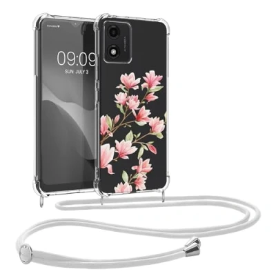 Afbeelding van kwmobile telefoonhoesje geschikt voor Motorola Moto E13 Hoesje met telefoonkoord Back cover smartphone Case in poederroze / wit transparant