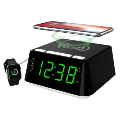 Afbeelding van Wekker met draadloos opladen, dubbel alarm, snooze, helderheidsdimmer, USB oplaadpoort, groot LED display, nachtlampje, display voor binnentemperatuur en vochtigheid iTOMA CKS801