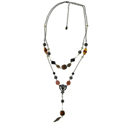 Afbeelding van Behave Ketting goud kleur twee lagen met bruine kralen en hanger 53 cm
