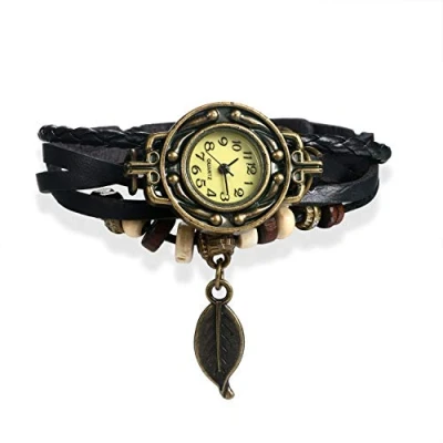 Afbeelding van JewelryWe Dames lederen armband kwarts horloge hanger bladeren vorm, Zwart