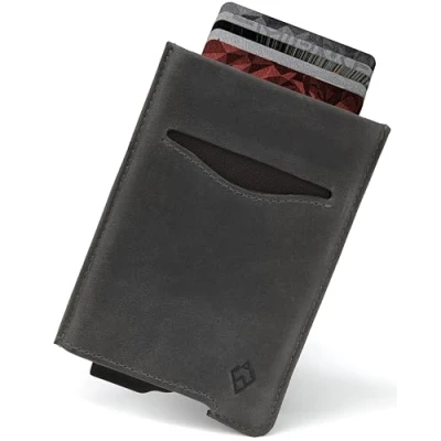 Afbeelding van AKIELO RFID Blokkerende Kaart Portemonnee en Geschenkdoos Stijlvolle Leren Creditcardhouder Contactloze Creditcardbeschermer (ALPHA Leisteen Grijze Lederen Editie)