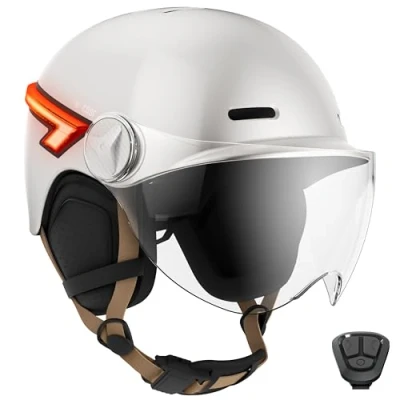 Afbeelding van CASR Glow helm, led veiligheidshelm voor stedelijke mobiliteit, EPI gecertificeerd, crème, maat L, doorzichtig en afneembaar vizier, met knipperlichten, universele afstandsbediening,