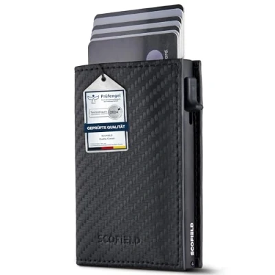 Afbeelding van SF SCOFIELD Duality Classic Slim Wallet met muntvak, kaartenetui voor heren 9 10 kaarten, portemonnee RFID bescherming, creditcardhouder, Carbon mat zwart, Magnetverschluss + Ohne Münzfach,