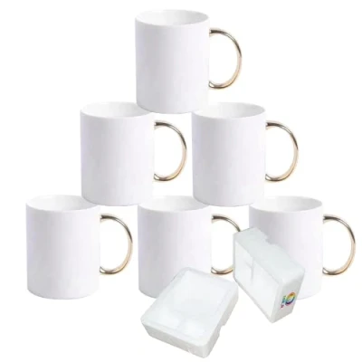 Afbeelding van MR.R 11 Ounce Set van 6 AAA Sublimatie Blanks Vaatwasmachinebestendig Witte Keramische Koffiemokken met Gouden Handvat voor Melk Thee Cola Water