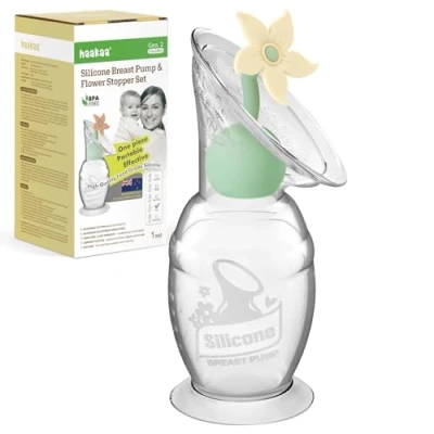 Afbeelding van haakaa Handmatige borstkolf met bloemenstopset, Gen.2 siliconen handpomp zuigbasis, BPA vrij (150 ml, haver)