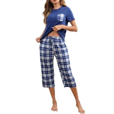 Afbeelding van Reliwel pyjama dames geruit korte mouwen pyjamaset tweedelige top en 3/4 lange broek kort huispak sleepwear nachtkleding voor lente zomer, blauw, M