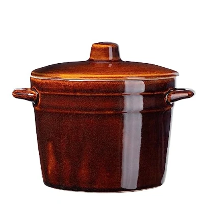 Afbeelding van KADAX steengoedpan, keramische pot met zijgrepen en deksel, vaatwasmachinebestendige handgemaakte fermentatiepot van keramiek, inlegpan voor komkommers (0,5 l)