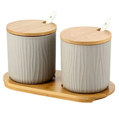 Afbeelding van OnePine Set van 2 suikerpotjes, keramische kruidenpotjes met bamboe deksel en lepel voor thuis keuken