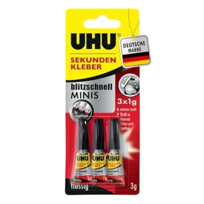 Afbeelding van UHU MINIS Secondelijm bliksemsnel supersnelle en extreem sterke vloeibare lijm in praktische mini tubes 3 x 1 g