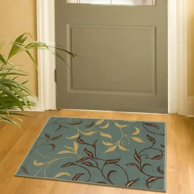 Afbeelding van Machine wasbaar bladeren ontwerp antislip rubberback 2 x 3 traditioneel tapijt voor toegang, woonkamer, slaapkamer, keuken, badkamer, &#039;, zeeschuimgroen