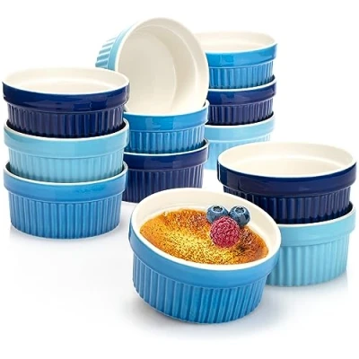 Afbeelding van COM FOUR® 12x Souffléschaal keramische crèmekom ovenvaste schaal dessert en banketbakkersschaal voor bijv. ragoutvin 270 ml per stuk in verschillende tinten blauw