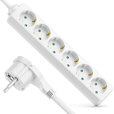 Afbeelding van deleyCON Verlengdozen Stekkerdoos met 6 Compartimenten en Platte Stekker voor Gebruik Binnenshuis Kabel van 1,4m Robuuste Kunststof Behuizing Wit