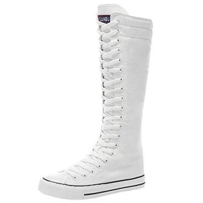 Afbeelding van ANUFER Meisje Dames Knie Hoog Canvas Laarzen Vetersluiting Ritssluiting Vlak Sportschoenen Wit F888 EU42