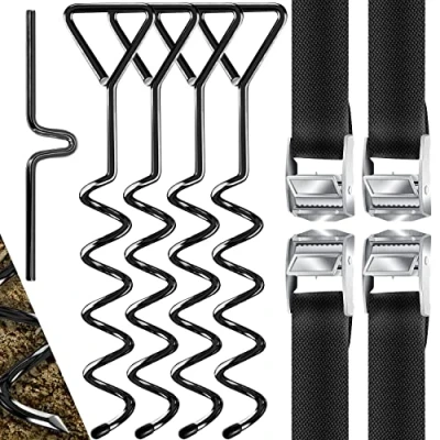 Afbeelding van KESSER® 4 grondankers 9 delige set bevestiging voor trampoline, schommel, paviljoen, partytent, tuinhuis, tent, van 1 cm Ø staal om in te draaien, riemen + draaihulp