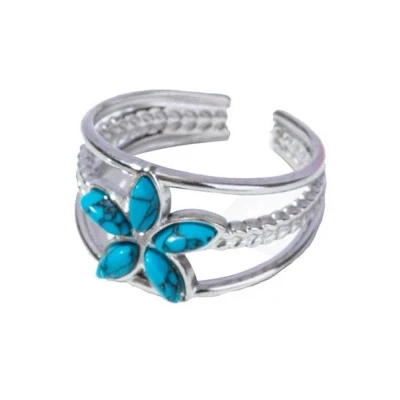 Afbeelding van Ring met Bloem RVS One Size Zilverkleurig Steen Blauw