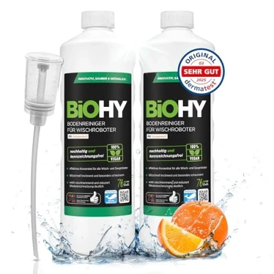 Afbeelding van BiOHY Vloerreiniger voor dweilrobots met sinaasappelgeur (2 x 1l Fles) + doseerder Reinigingsmiddelconcentraat alle Schuimvrij &amp; Streeploos Duurzaam 1:200 concentraat
