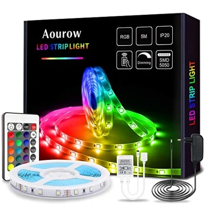 Afbeelding van Aourow led lichtstrip/ledstrip, 5 m, kleurverandering, RGB lichtstrip incl. afstandsbediening en voeding, 5050 SMD flexibele lichtketting, zelfklevend, voor doe het zelf decoratie