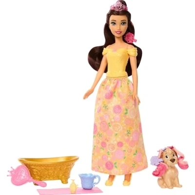Afbeelding van Mattel Disney Prinses Belle, Modepop en Hondje met Vlekken Die Van Kleur Veranderen, Badje, Borstel Haaraccessoires, Geïnspireerd op Belle het Beest, JFC42