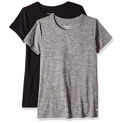 Afbeelding van Amazon Essentials Dames Tech Stretch T shirt met korte mouwen en ronde hals (verkrijgbaar in grote maten), 2 Pack, Donkergrijs Ruimteverf/Zwart, M