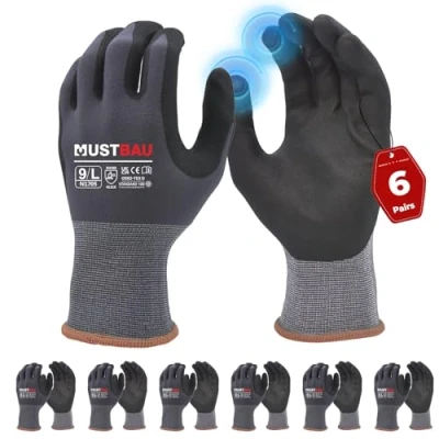 Afbeelding van Mustbau 6 paar werkhandschoenen met touchscreen, nitril handschoenen, slijtvast, uitstekende grip, geschikt voor tuinieren, mechanica, bouwplaats (grijs, L)