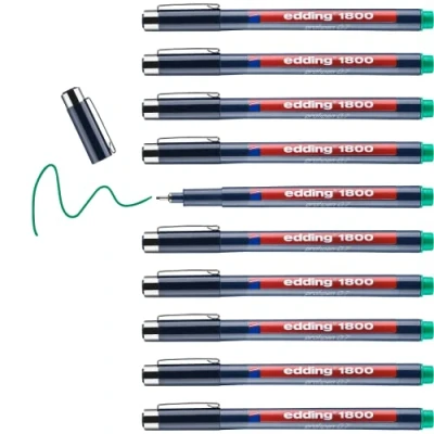 Afbeelding van edding 1800 precisiefineliner groen 10 stiften lijnbreedte 0,7 mm fineliner om precies te schrijven en schetsen fijne, in metaal gevatte punt geschikt voor liniaal sjablonen