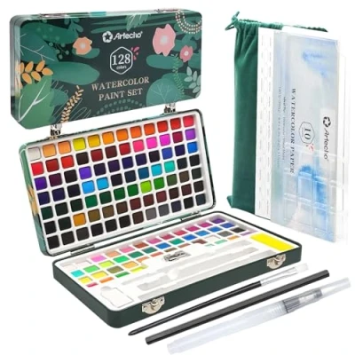 Afbeelding van Artecho Aquarelverfset 128 kleuren, waterverf verf volwassen set met aquarelpapier en borstels, perfecte aquarelset voor beginners professionals