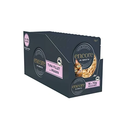 Afbeelding van Encore 100% natuurlijk premium natvoer voor katten, tonijnfilet met garnalen in bouillon volwassen verpakking 16 x 70 g zakjes