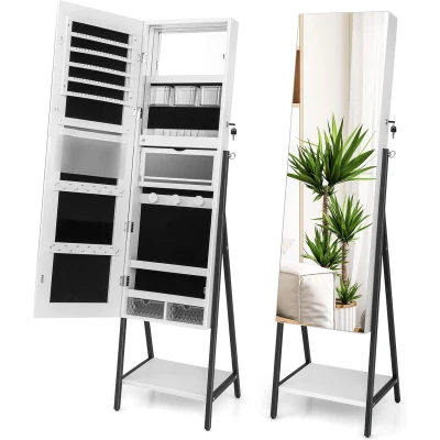 Afbeelding van Sieradenkast met full body spiegel, staande spiegelkast, sieradenrek 3 kleurige LED lampen, afsluitbaar, voor kettingen, oorbellen, ringen (wit)
