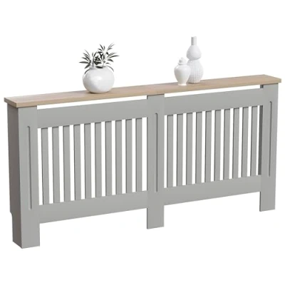 Afbeelding van Vida Designs Arlington radiatorafdekking, moderne grijs gelakte kast van vezelplaat gemiddelde dichtheid, latten, groeven, houten bovenplank, extra groot