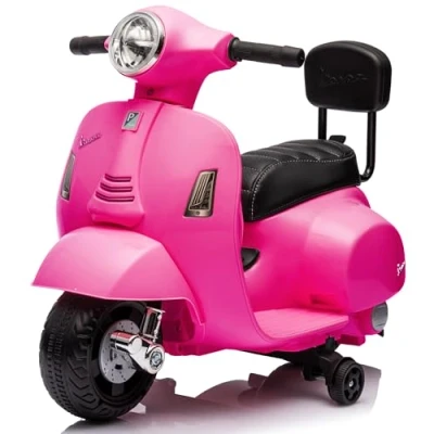 Afbeelding van Vespa Elektrische motorfiets, kindermotorfiets met claxon, gaspedaal, licht, zijwielen (Fuchsia rugleuning)